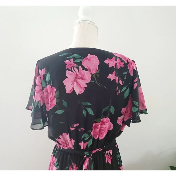 INC International Concepts Pink Black Floral Faux Wrap Midi Flutter Dress 10 M - Picture 11 of 16